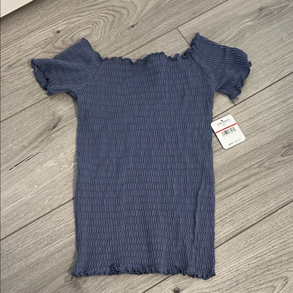 Free People Smocked Off-Shoulder Blouse in Slate Blue